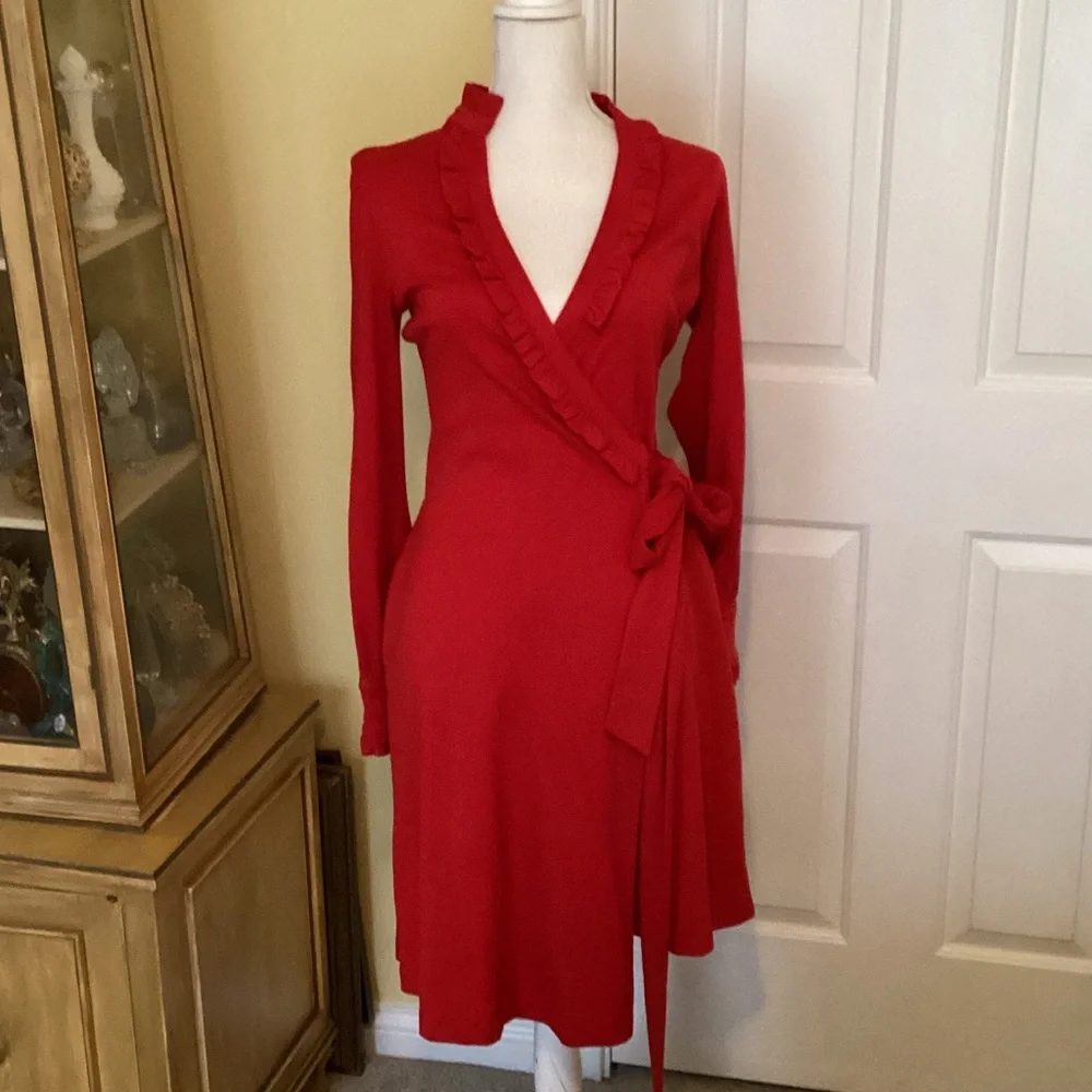 Diane von Furstenberg Deep Red Wrap Dress w/ Ruffles & Slightly Puffed Sleeves